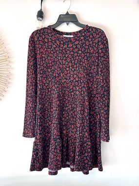 Zara Black Floral Long Sleeve Swing Dress